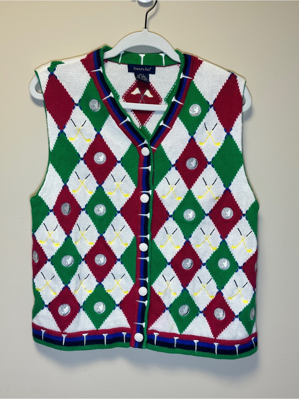 Vintage 1990s Eagles Eye Women’s Golf Argyle Sweater Vest L Colorful Preppy